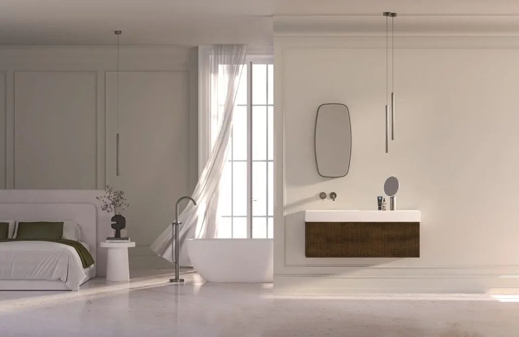 a bathroom with a tub and sink